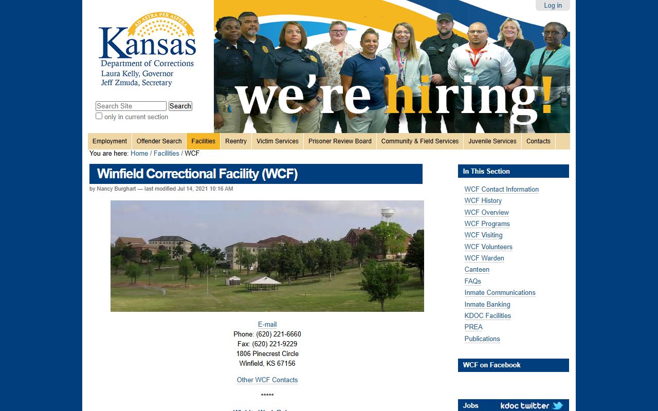 Winfield Correctional Facility KDOC inmate lookup contact page